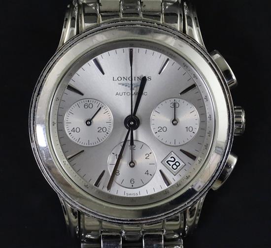 A gentlemans 2016 stainless steel Longines chronograph automatic wrist watch, with box and papers.
